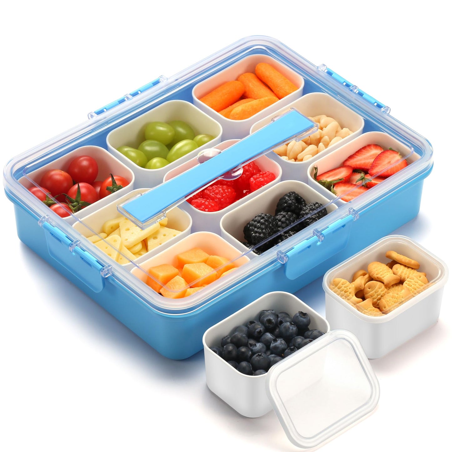 Snackle Box Container for Adults with 9 Compartment, Divided Serving Tray Snack Box Containers with Lid and Handle, Charcuterie Boxes Portable Snack Platter for Fruit Veggie Party Travel, Blue