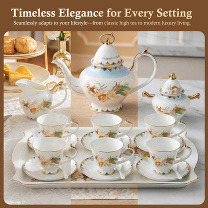 22 Piece Bone China Tea and Coffee Set, Tea Cups And Saucers for 6, with Tray,Teapot, Spoons, Sugar Bowl Chamber of Golden Cicadas For Tea Party, Household, Wedding Gift, Housewarming, Birthday Gift