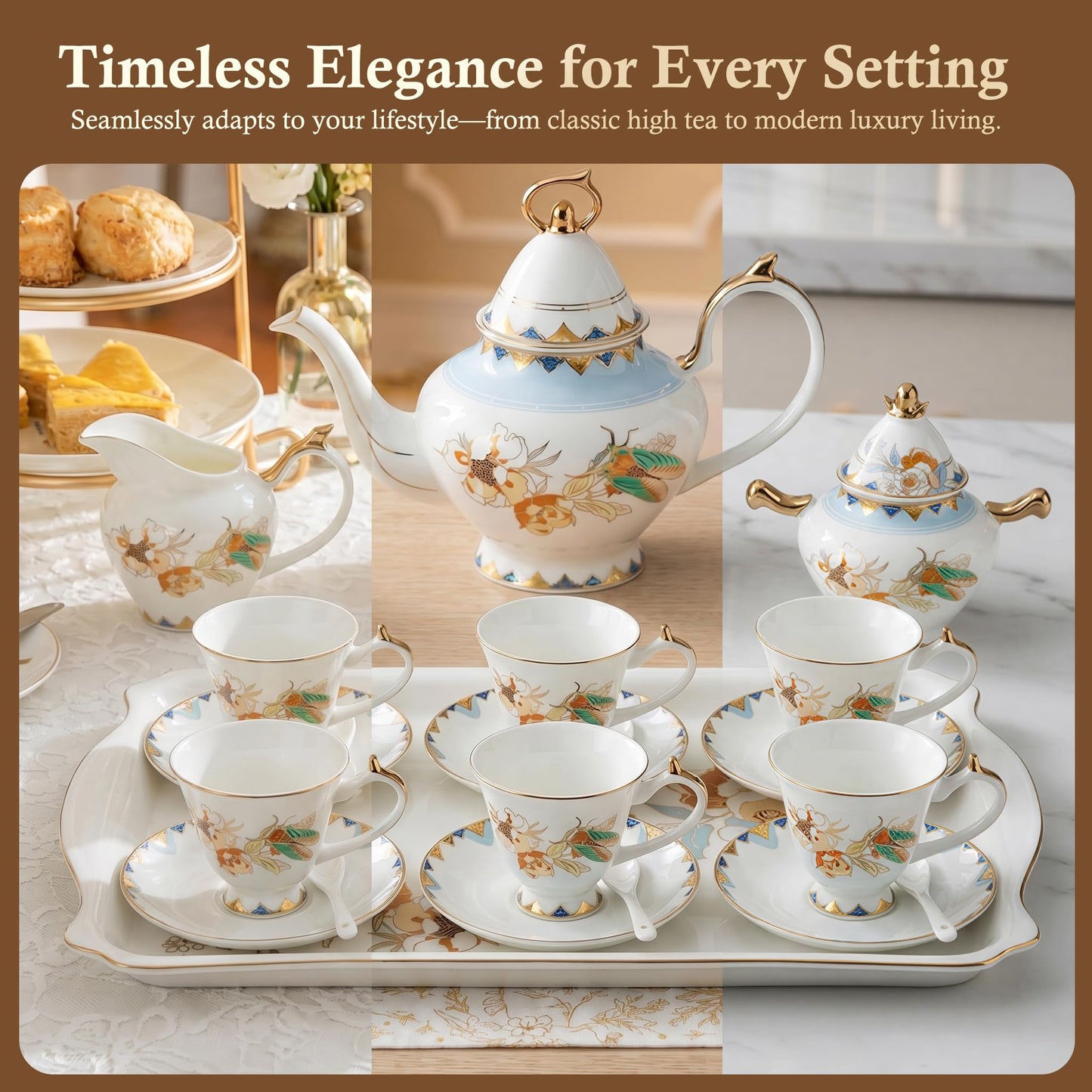 22 Piece Bone China Tea and Coffee Set, Tea Cups And Saucers for 6, with Tray,Teapot, Spoons, Sugar Bowl Chamber of Golden Cicadas For Tea Party, Household, Wedding Gift, Housewarming, Birthday Gift