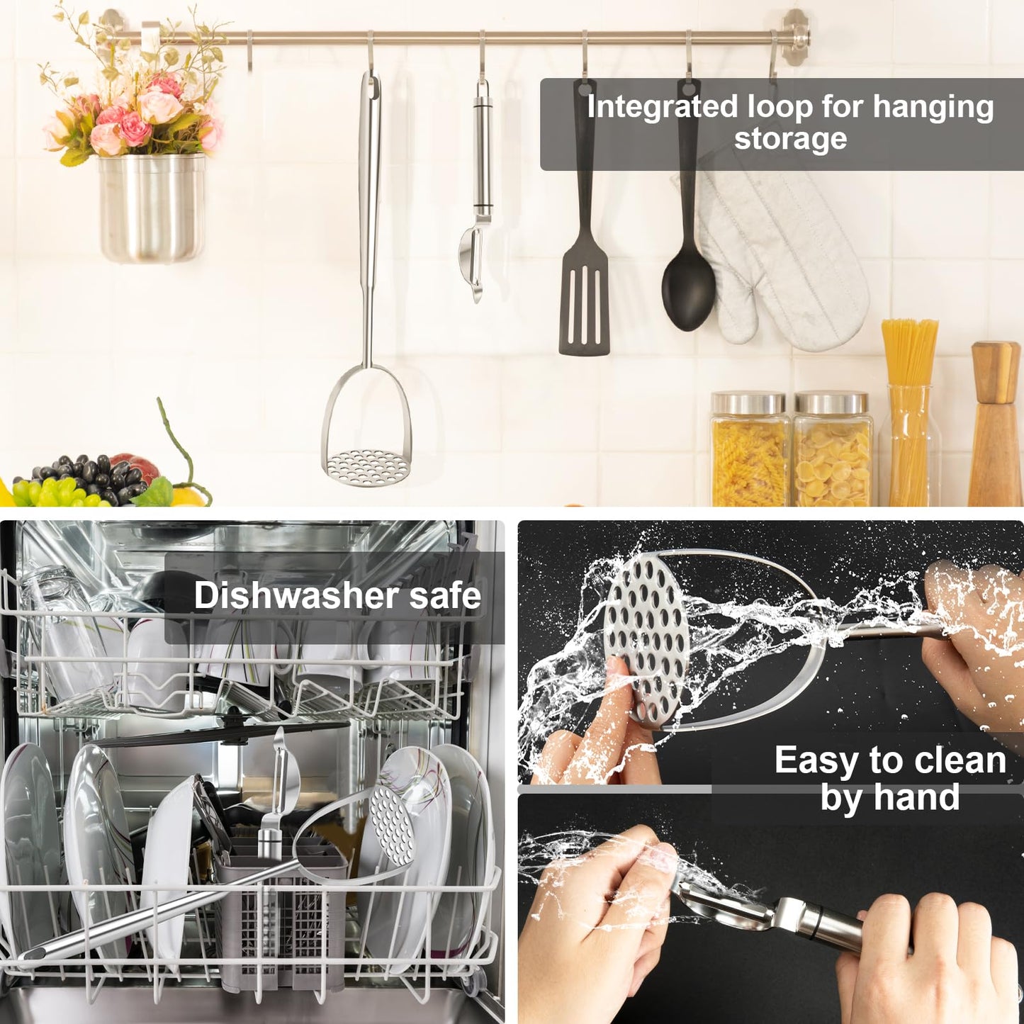 VOOVAO 2Pcs Long Handle Large Potato Smasher with Peeler,Mashed Potato Masher,Stainless Steel Masher Kitchen Tool for Bean,Vegetable,Food,Fruit,Salad