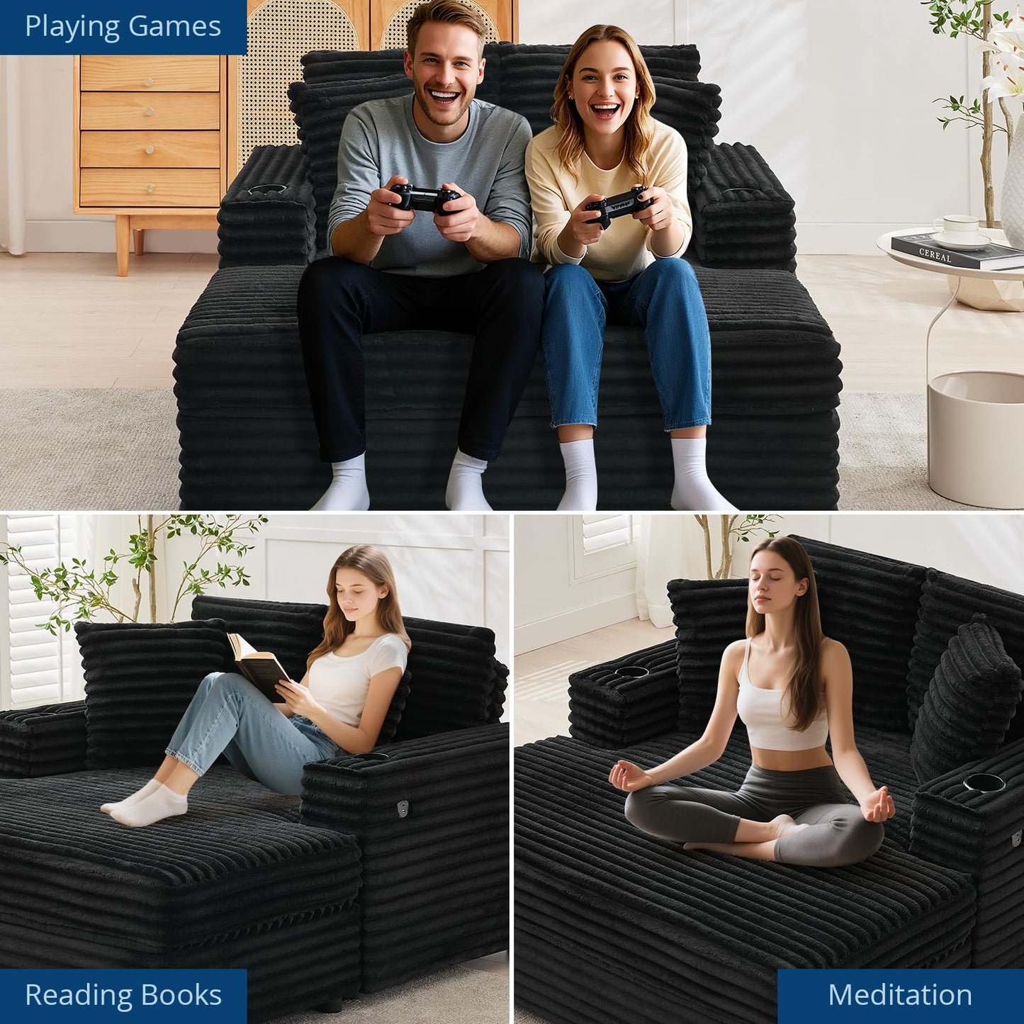 Garvee 60" Oversized Chaise Lounge Chair Indoor, Corduroy Upholstered Sleeper Sofa Bed w/Cup Holder & Charging Port, Cloud Couch Sofa Chair w/Throw Pillows & Wide Arms for Living Room, Bedroom,Black