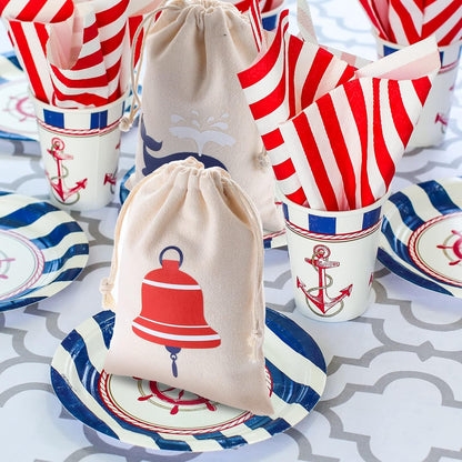 24 Pack 7 5 inch Shellwei Nautical Gift Bags Cotton Nautical Anchors Drawstring Bags Themed Favor Boat Goodie x