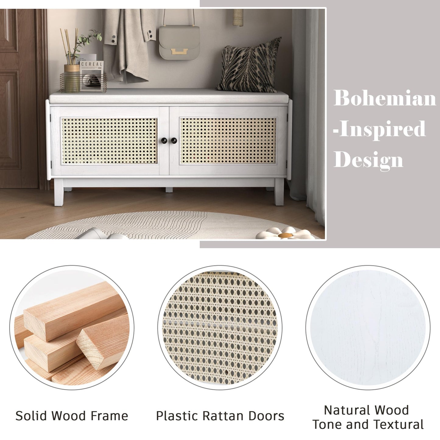 GDFStudio Boho Rattan Shoe Storage Bench with Cushion, Wooden Shoe Organizer with 2 Doors, 3-Level Adjustable Shelves, Entryway Shoes Cabinet for Hallway Bedroom Living Room, Espresso+Beige