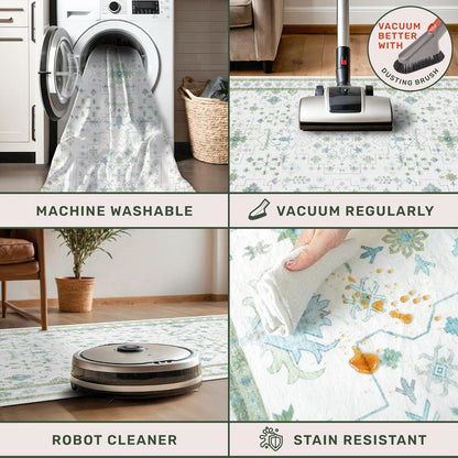 Oushak Bathroom Rug - Cream Green & Blue Floral Design, Washable Low Pile, Non-Slip Rubber Backing, Small Size