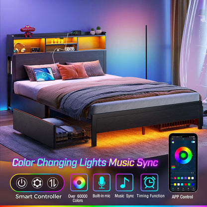 Rolanstar Full Bed Frame with Storage,4-Drawer Platform Bed with USB Charging Station,Built in LED Lights and Bookcase Headboard,No Box Spring Needed,Easy Assembly,Noise-Free,Black
