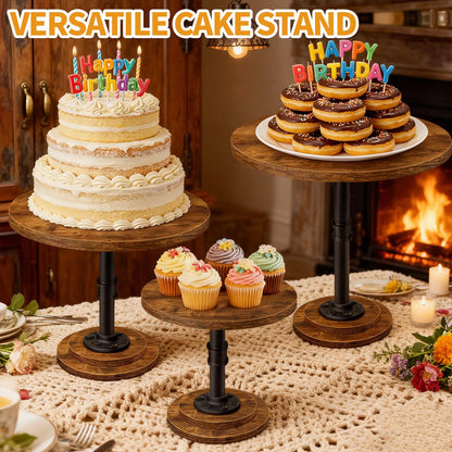 LLAXERGU Cake Stand Rustic Industrial Wood Round Cupcake Stands Cake Stand Set of 3 Dessert Table Display Set Serving Tray Decoration for Birthday Celebration Party Baby Shower