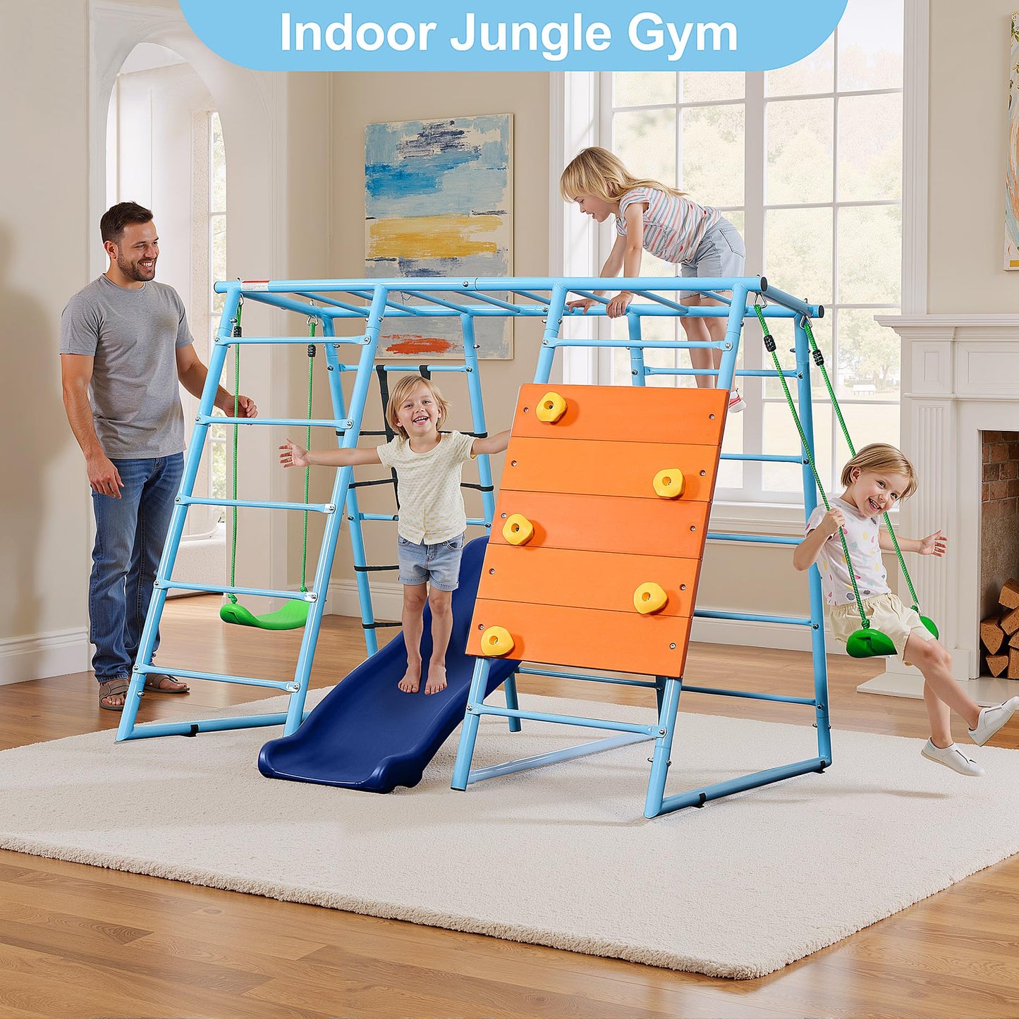 YuAnWe 6 in 1 Indoor Playground, Metal Jungle Gym with Climbing Wall, Slide, Monkey Bars, Rope Ladders and Two Swings, Playset for Kids Ages 3-12