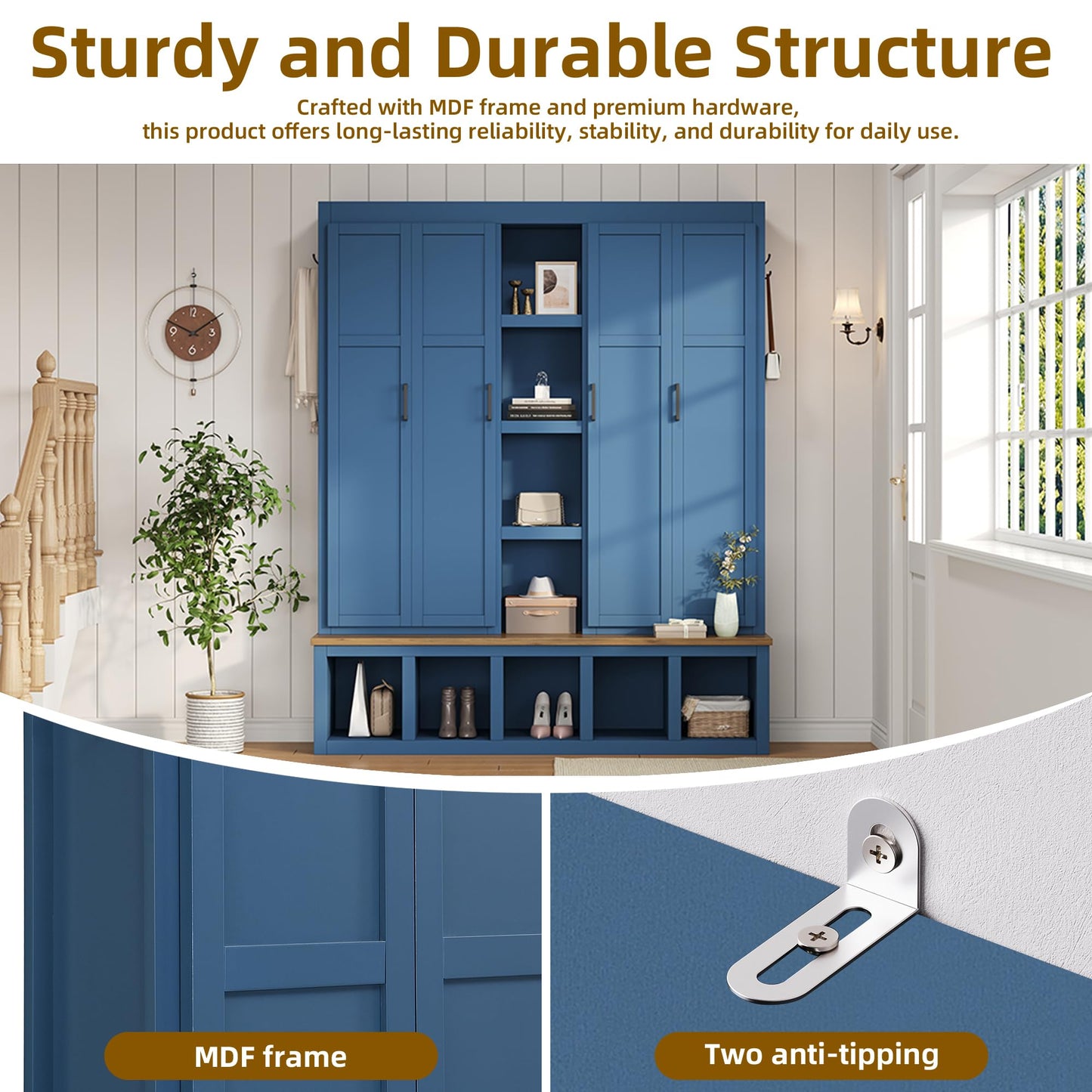 Virubi 4-in-1 62.9" Wide Hall Tree with Bench and Shoe Storage, Farmhouse Wood Entryway Bench with Coat Racks, Doors, 6 Hooks and Storage Shelves for Living Room (Blue)