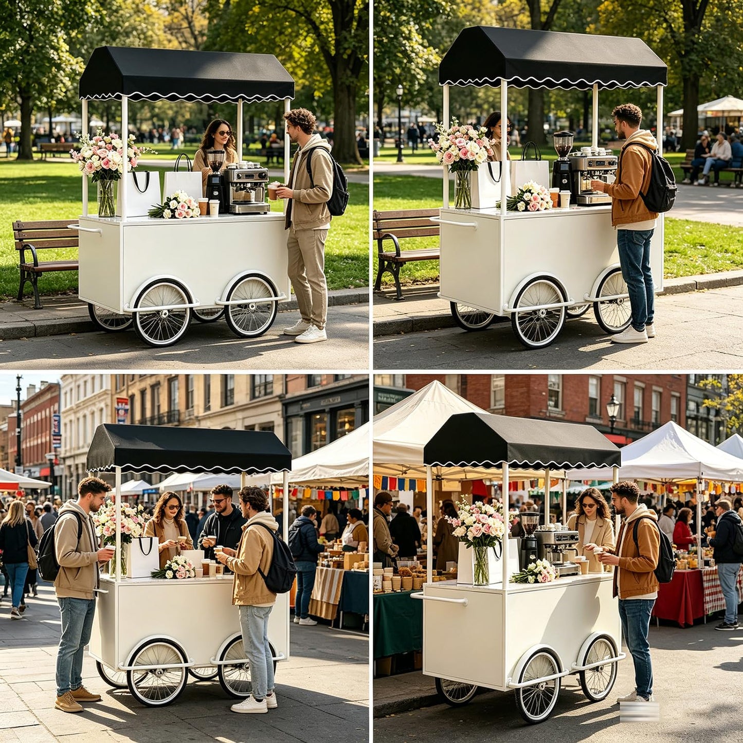FUNEWBO Beverage & Coffee Service Cart with Scalloped Awning,Wheeled Display Trolley,Mobile Serving Station for Events,Cafes & Small Business(63 * 27.5 * 78.7in, White)