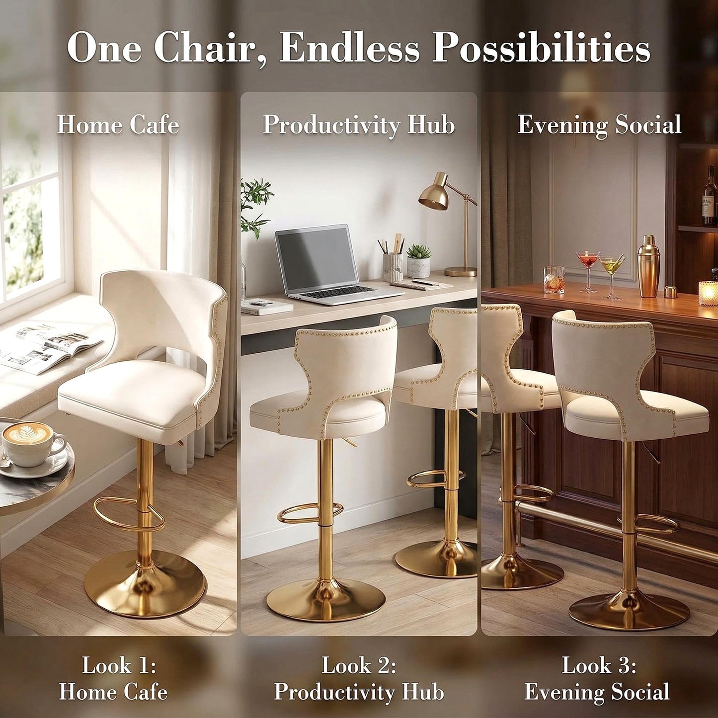 ROCITY Beige Bar Stools Set of 2 Swivel Counter Height Barstools with Back Faux Leather Bar Chairs with Gold Base Adjustable Modern Kitchen Island for Dining Room Home Bar, Rivet Decoration