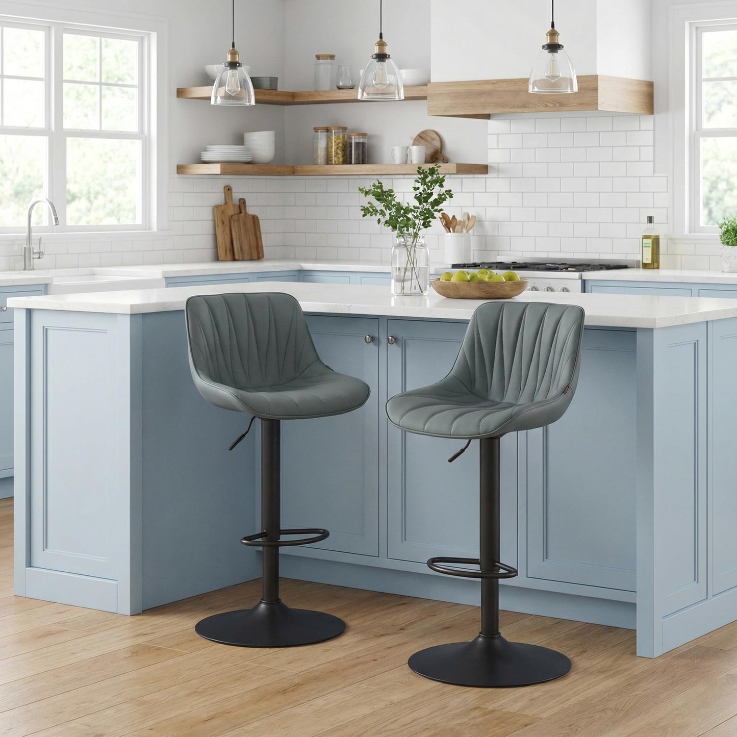 YOUNIKE Grayish Green Bar Stools Set of 2, Faux Leather Padded Counter Height Swivel Bar Chairs, Adjustable Barstools with Back for Kitchen Island, Modern Tall Sunburst-Line Series