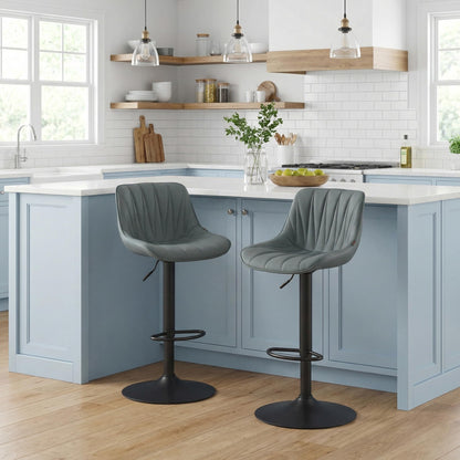 YOUNIKE Grayish Green Bar Stools Set of 2, Faux Leather Padded Counter Height Swivel Bar Chairs, Adjustable Barstools with Back for Kitchen Island, Modern Tall Sunburst-Line Series