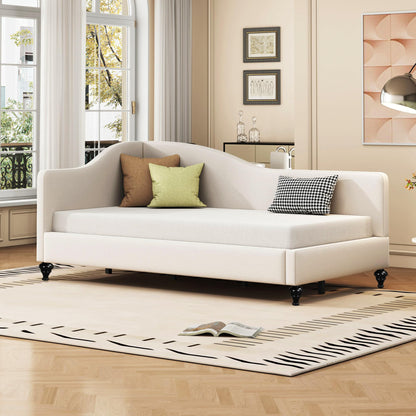 Merax Twin Size daybed, L-Shaped Linen Daybed Corner Sofa with Solid Wood Legs for Living Room & Guest Room, No Box Spring Needed, Beige