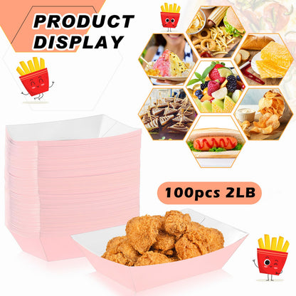 Yinkin 100 Pcs 2lb Paper Food Trays Boat 2lb Disposable Nacho Trays Kraft Paper Boat for Tacos Concession Easter Graduation Birthday Wedding Christmas Halloween Valentine Party Supplies(Light Pink)