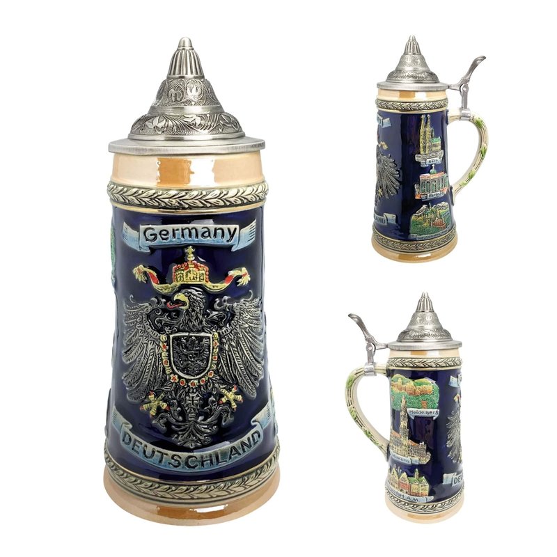 Essence of Europe Gifts 1 L Deutschland German Beer Stein with Lid – German Adler (Eagle) Tankard Hand Painted Engraved Cities Beer Stein Mug - Stein Mug By E.H.G