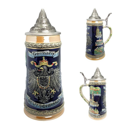 Essence of Europe Gifts 1 L Deutschland German Beer Stein with Lid – German Adler (Eagle) Tankard Hand Painted Engraved Cities Beer Stein Mug - Stein Mug By E.H.G