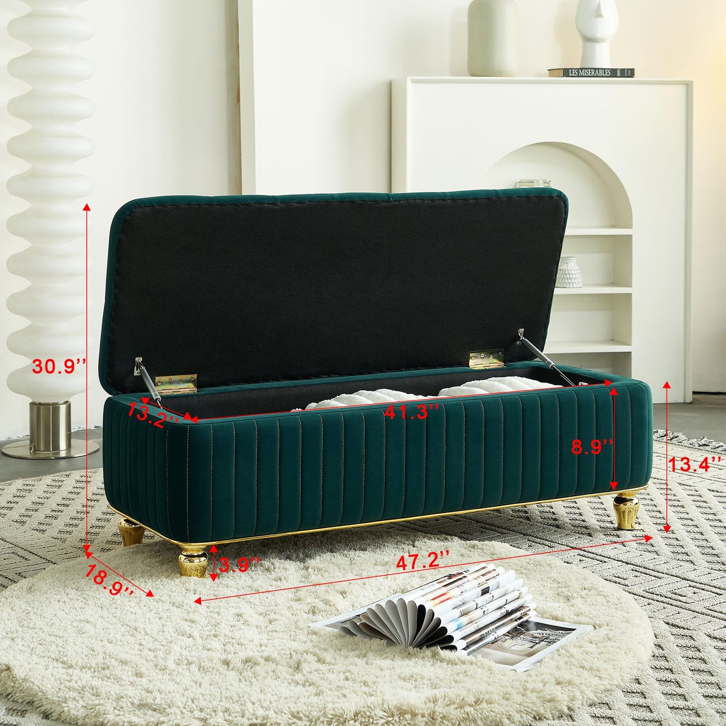KEIKI 47" Rectangle Velvet Tufted Ottoman Bench with Solid Metal Leg, Modern Style Storage Footstool with Deep Button Tufting and Gold Embroidery, Easy Assembly, for Living Room, Bedroom, Green