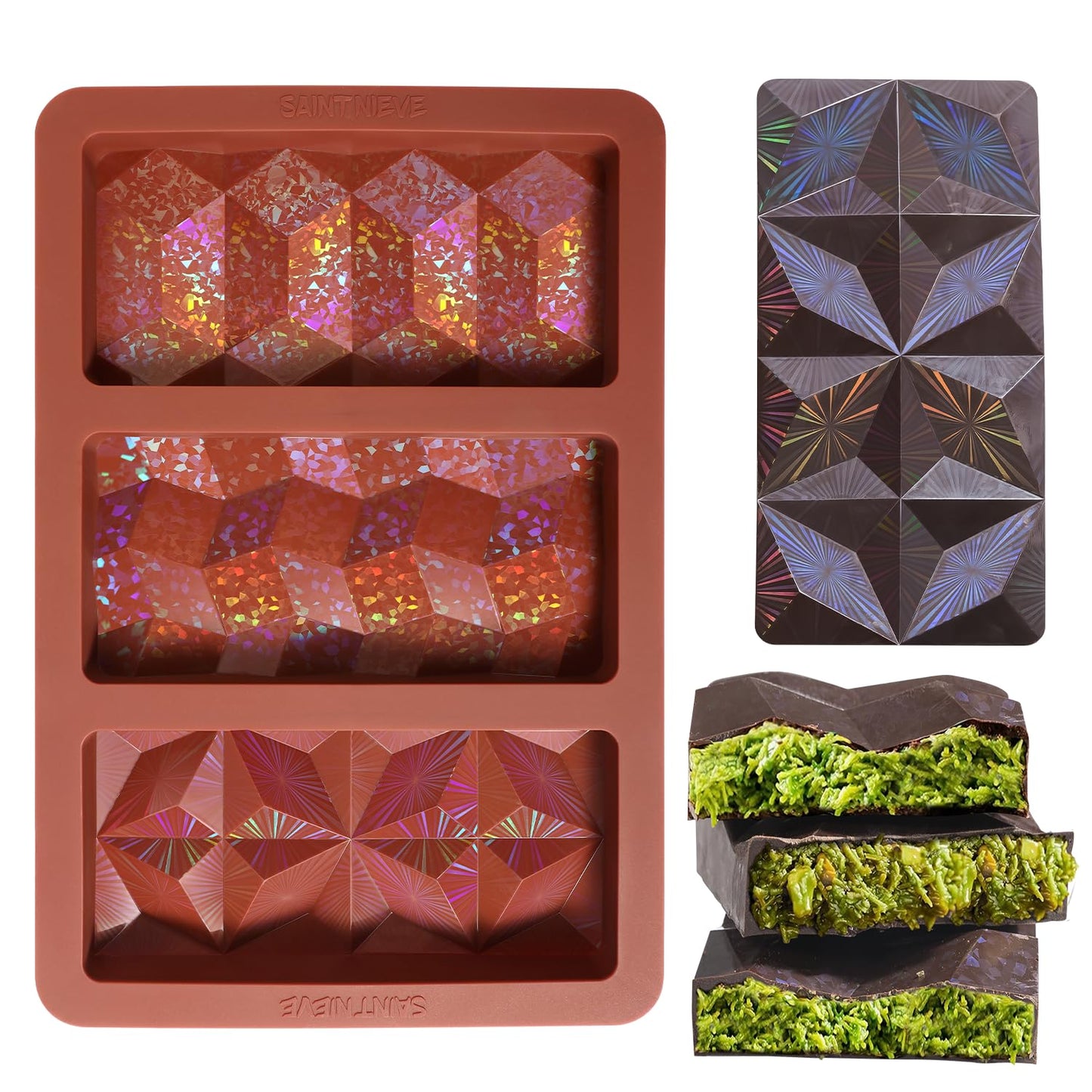 Holographic Chocolate Bar Mold, Large Thick 3-Cavity Silicone Mold for Chocolate Bars, Geometric Design, Food-Grade Non-Stick Mold for DIY Baking, Candy, and Wax Making