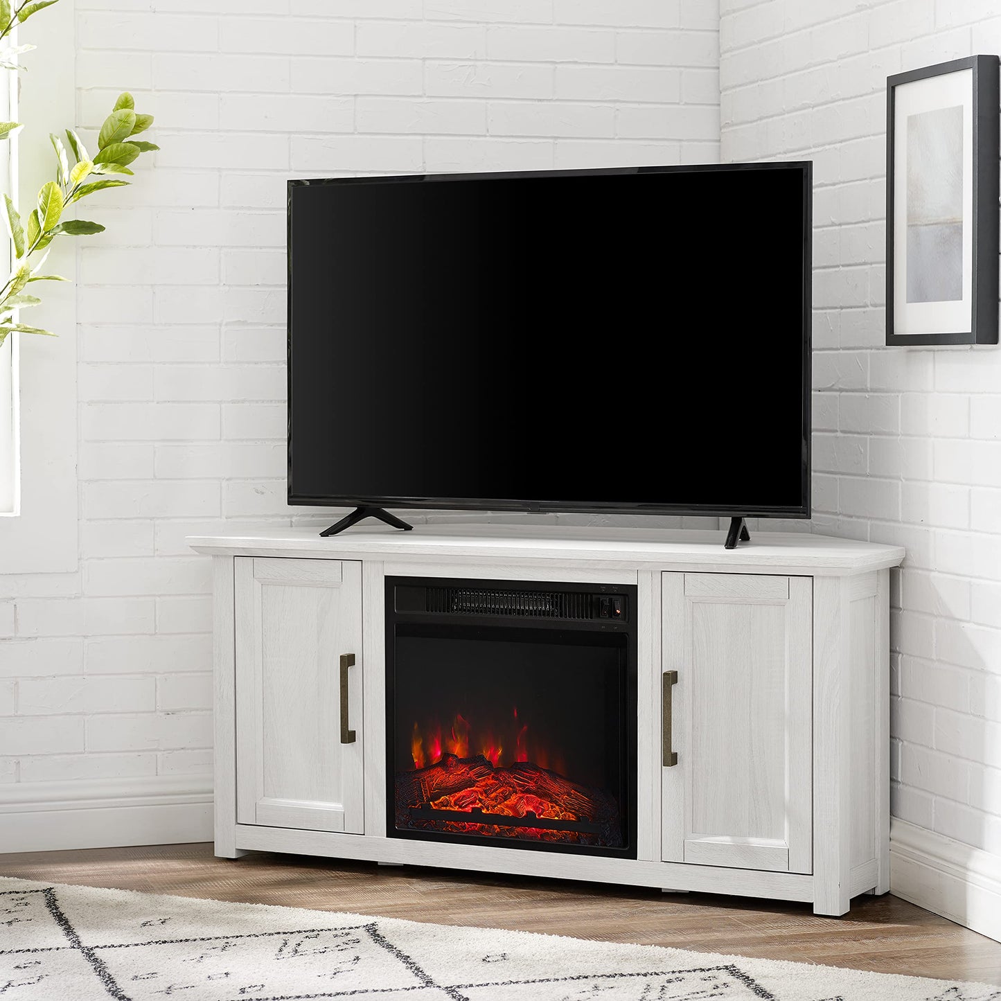 Crosley Furniture Camden Corner Fireplace TV Stand for 50+ inch TVs, Entertainment Center with Storage Shelves, Whitewash