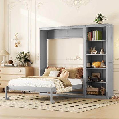 PacknWood Acosure Queen Size Murphy Five-Layer Cabinet,Bedroom Solid Wood Storage Hidden Wall Beds Frame W/Dual Piston Metal Folding Mechanism Designed,for Home Office,Study,Guest Room,Gray