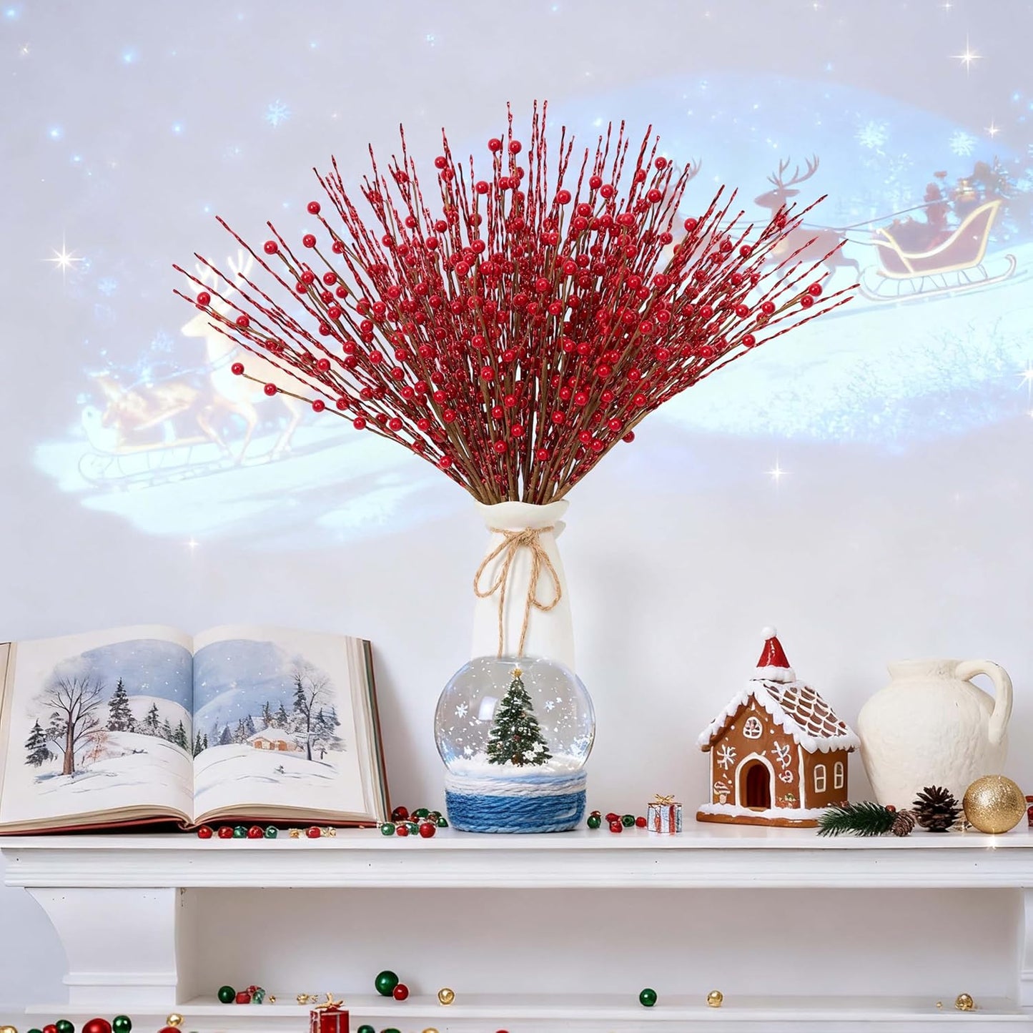 24Pcs 17inch Christmas Tree Decorations Artificial Berry Stems Christmas Red Berries Holly Berry Red Berry Picks
