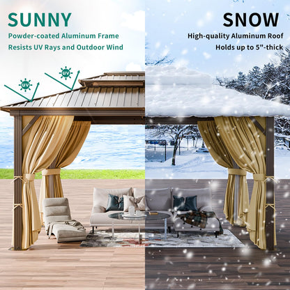 HOTEEL 10x12 Hardtop Gazebo On Clearance with Heavy Duty Galvanized Steel,Outdoor Patio Gazebo with Aluminum Frame & Curtains and Netting, Permanent Pavillon for Backyard, Brown (2026 Upgraded)