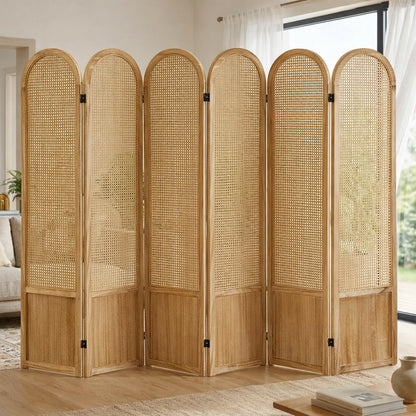 6 Panel Room Divider and Folding Privacy Screen, 5.6 Ft Foldable Double Hinged Rattan Partition, Hand-Woven Rattan Room Divider Portable Wood Freestanding Wall Divider for Room Separation - Natural