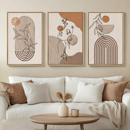 Framed Boho Sage Green Wall Art for Living Room, Large Mid Century Modern Tropical Leaf Canvas Artwork for Walls, 3 Piece Beige Orange Bohemian Wall Art Prints for Bedroom Kitchen Hallway, 16x24 Inch