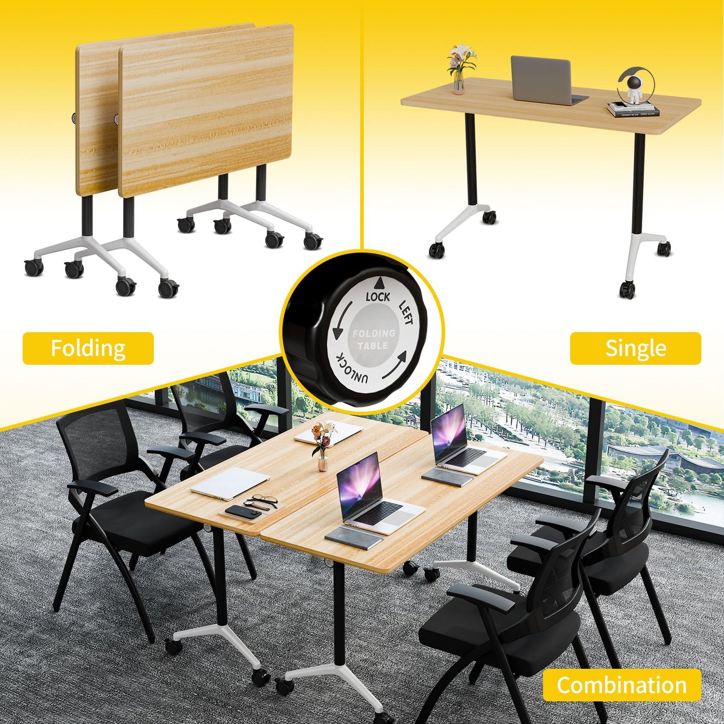JNMDLAKO Conference Table, Folding Conference Room Tables On Wheels - Mobile Rectangle Large Meeting Seminar Tables,Flip Top Mobile Training Room Table for Office Business Classroom (4, Yellow, 63in)