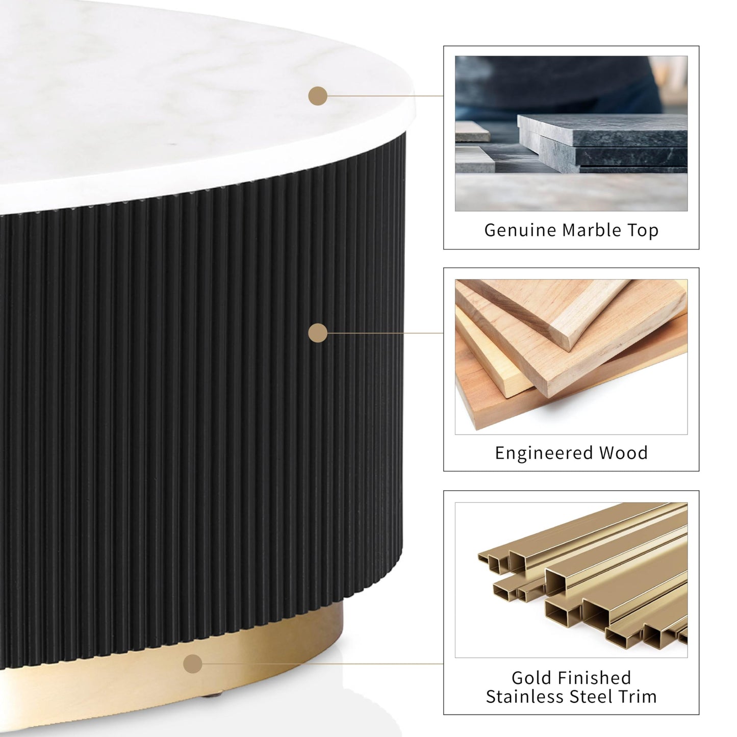 Furniture of America Beryl Modern Round White Genuine Marble Top Coffee Table with Fluted Pedestal Base and Gold Stainless Steel Accent, Low Profile Table for Living Room, Home Office, Black