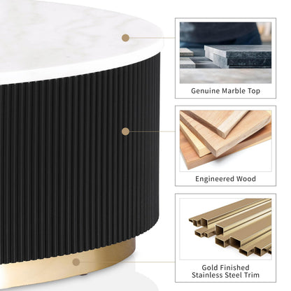Furniture of America Beryl Modern Round White Genuine Marble Top Coffee Table with Fluted Pedestal Base and Gold Stainless Steel Accent, Low Profile Table for Living Room, Home Office, Black