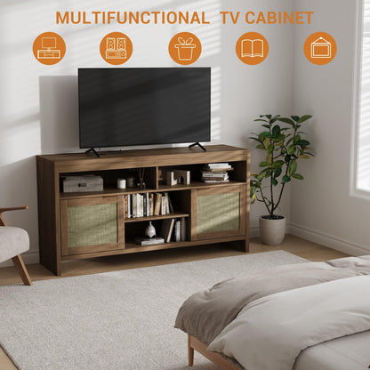 GarveeHome Boho TV Stand for TV Up to 65 in,58" Modern Rattan Entertainment Center with Storage and Adjustable Shelves,Wooden TV Console Cabinet with Doors for Living Room/Bedroom/Farmhouse(Brown)