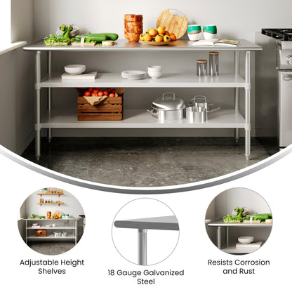 Flash Furniture Reese Stainless Steel 18 Gauge Work Table with 2 Undershelves - NSF Certified - 72" W x 24" D x 34.5" H