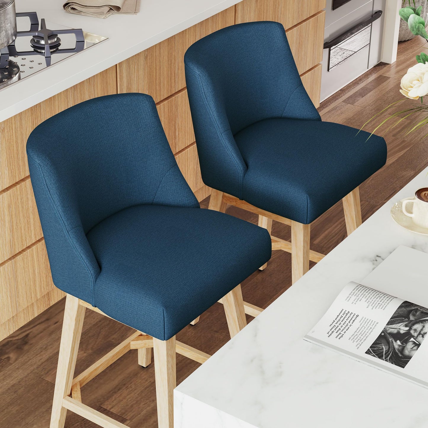 Erdoru Swivel Counter Height Bar Stools Set of 2, Modern Fabric Swivel Barstools with Contoured Back and Solid Wood Legs, Upholstered Counter Stool Bar Chairs for Kitchen Island, Home Bar, Blue