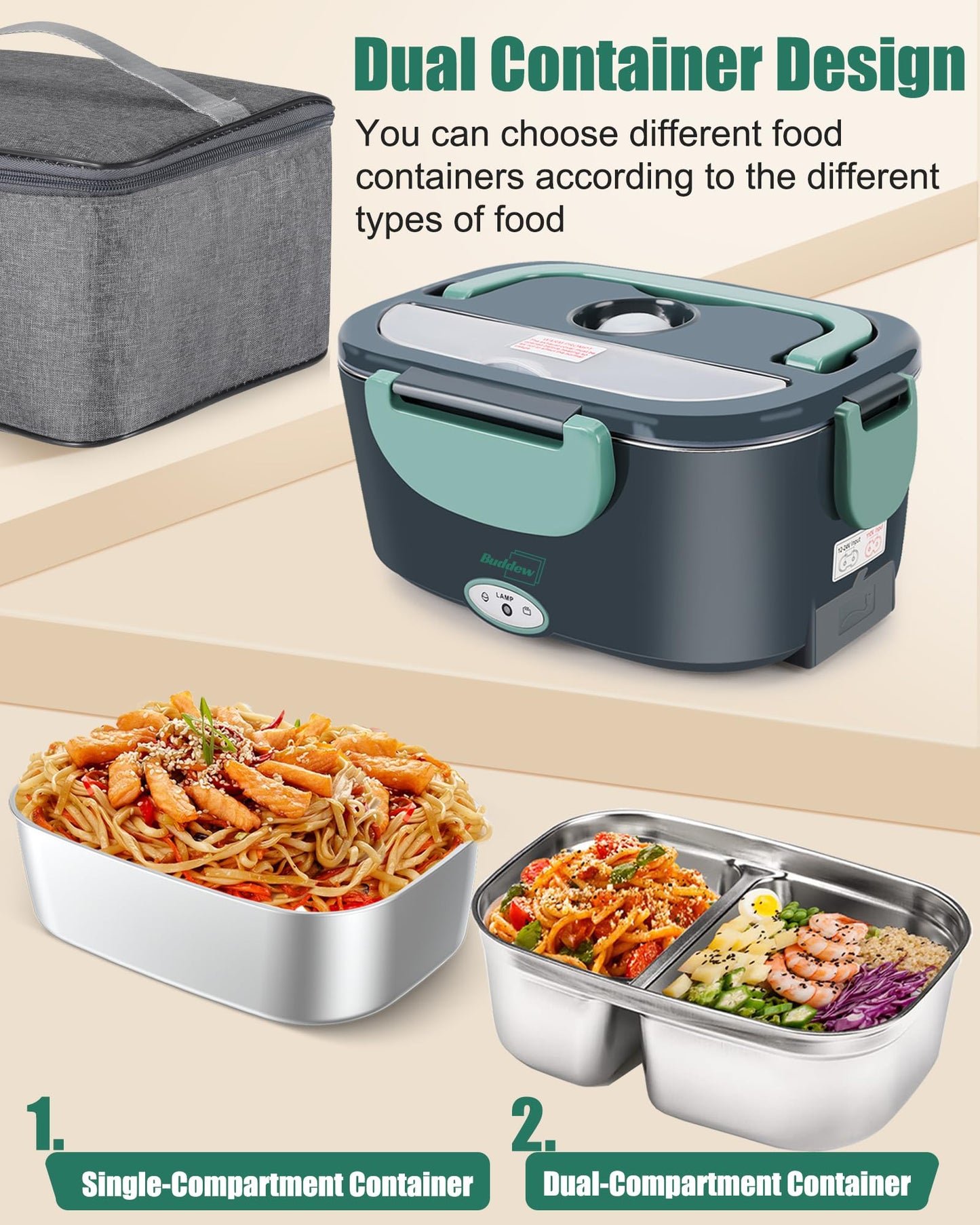 Buddew Electric Lunch Box 80W Food Heater with Dual Container, Portable Lunch Warmer for Adults, Upgraded Heated Lunch Box for Car/Truck/Office (GREEN-Dual Container)