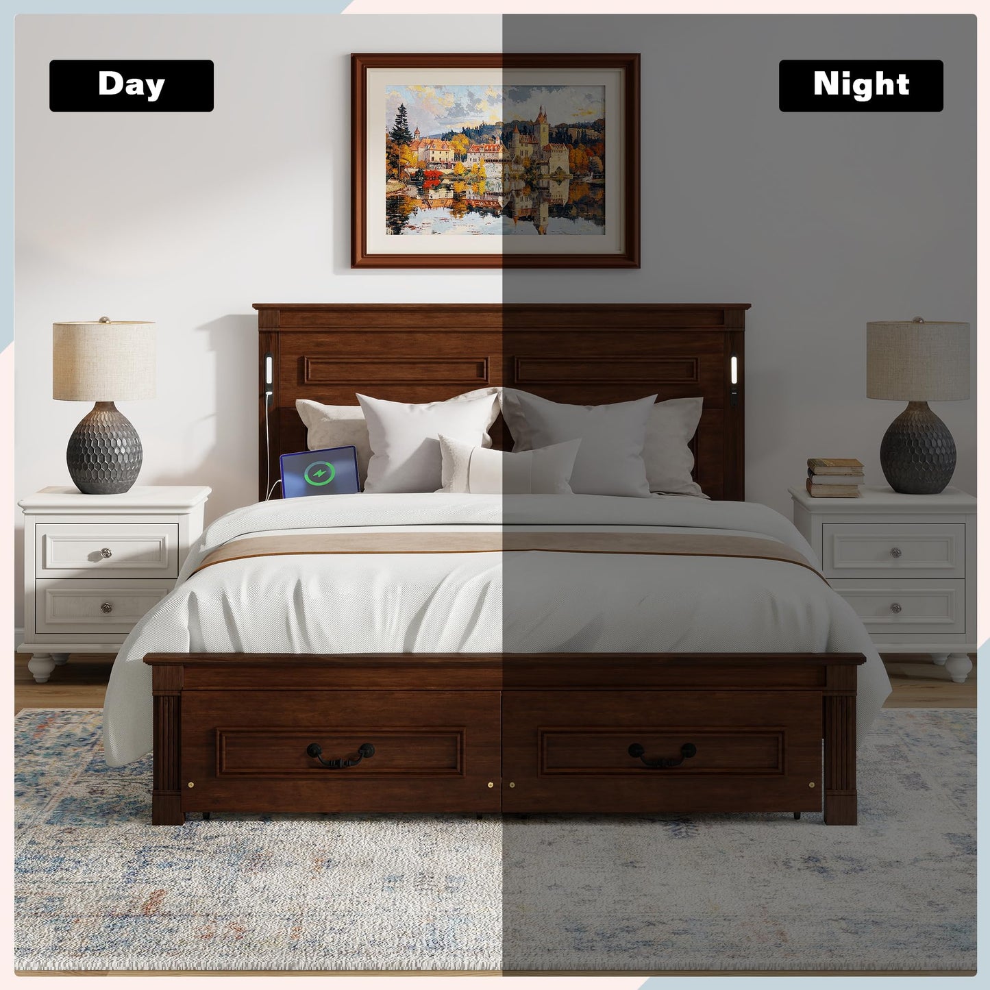 KEIKI Queen Size Farmhouse Bed Frame with 2 Storage Drawers & LED Lights & USB-C Charging Ports, Solid Wood Platform Bed with Tall Panel Headboard & Footboard, No Box Spring Needed, Walnut