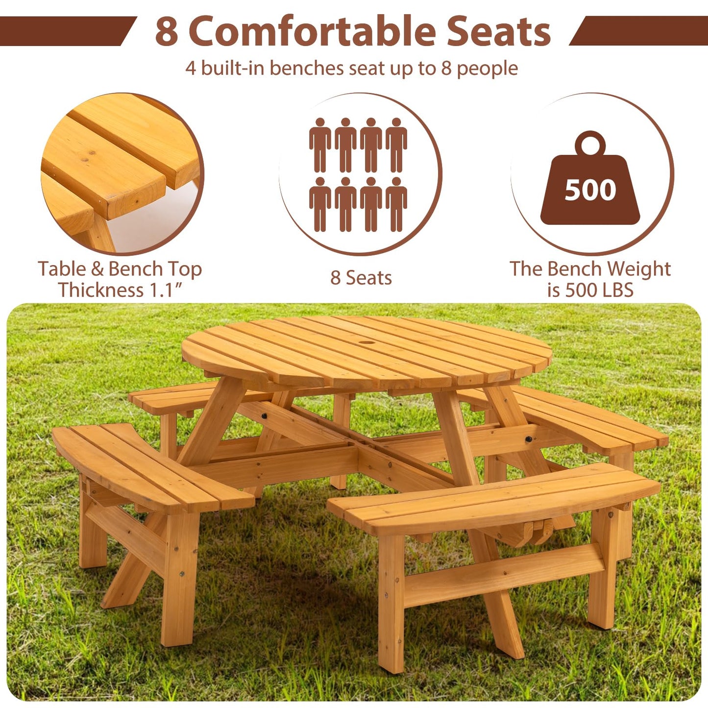 Jaxilyn 8-Person Round Wooden Picnic Table with Seat, Outdoor Camping Dining Table with 4 Built-in Benches, Natural