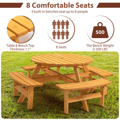 Jaxilyn 8-Person Round Wooden Picnic Table with Seat, Outdoor Camping Dining Table with 4 Built-in Benches, Natural