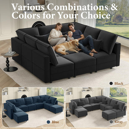 Vesgantti Modular Sofa Bed with Storage, 92" Sleeper Sofas with 9 Seats Storage Chaises Removable Cover, Luxury Large Velvet Sectional Couch Set for Living Room, Apartment, Home Theater, Black