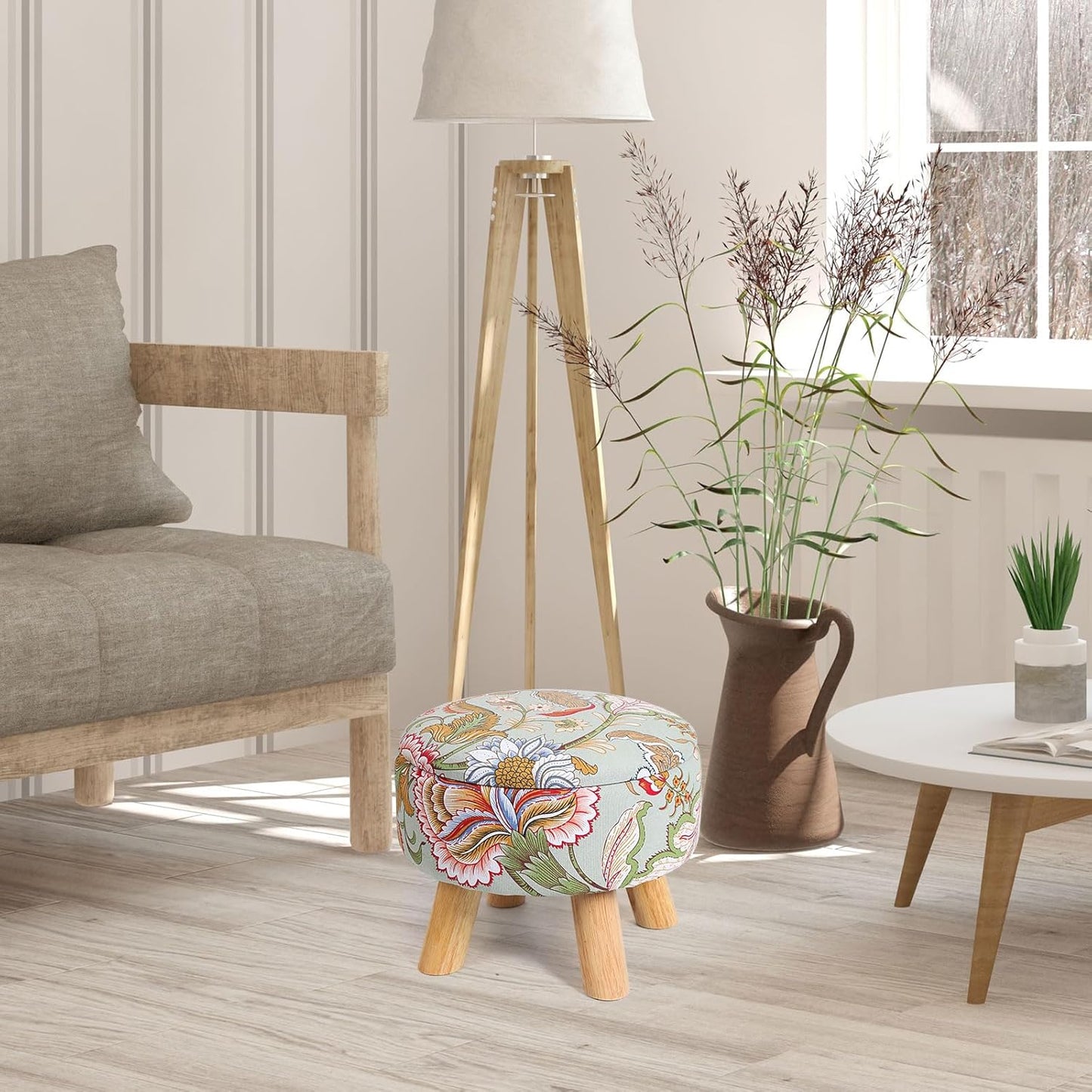 12.7 10.6 Round Storage Ottoman with Reversible Tray Lid, "W x "H Upholstered Footrest Pouf with Anti-slip