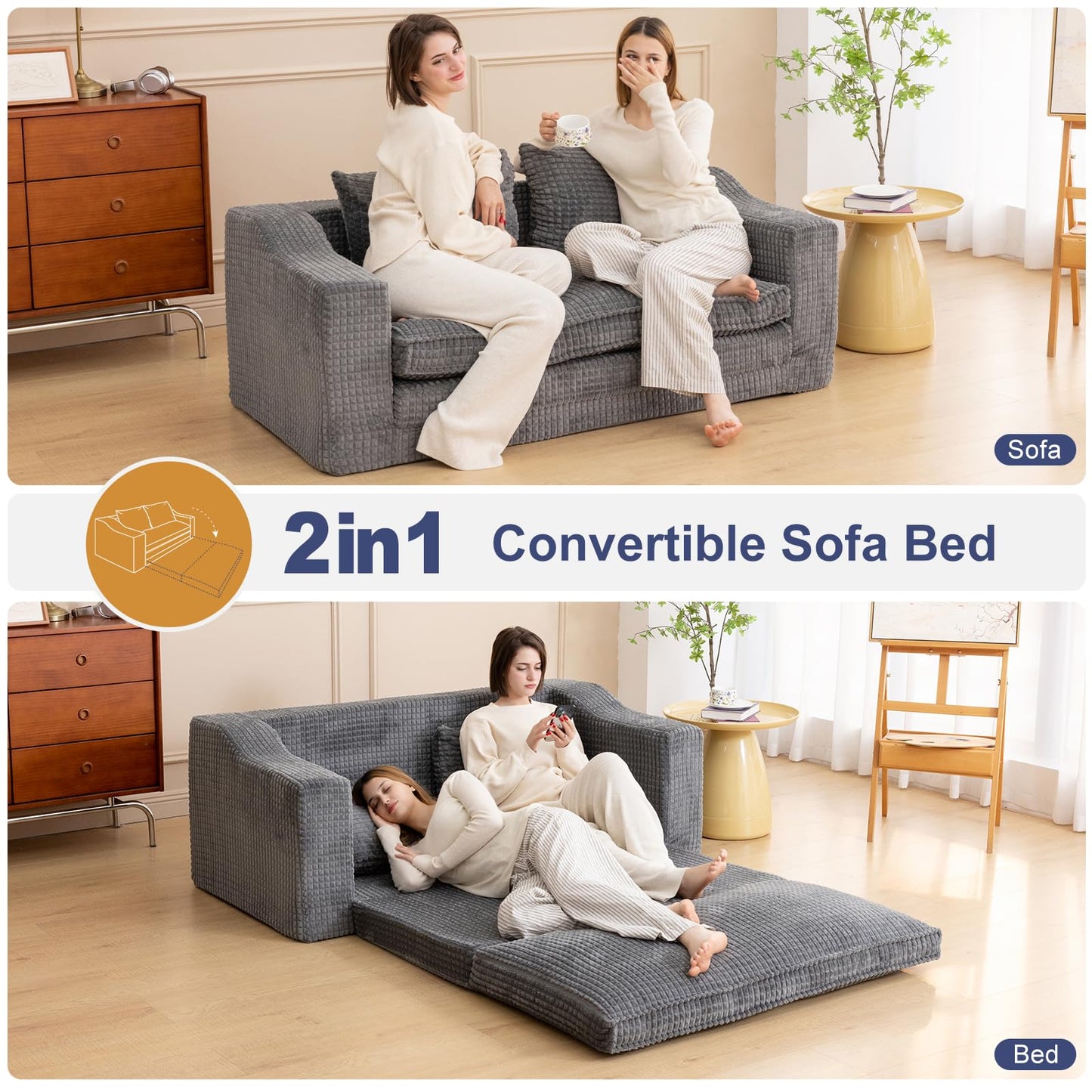 61" Convertible Sofa Bed Loveseat, Memory Foam Boneless Floor Couch with Removable Corduroy Cover, Tri-folding Compact Full-size Sleeper for Small Living Room, Playroom, Guest Room, RV (Dark Gray)