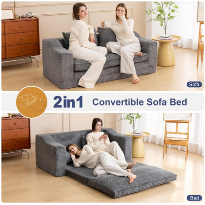61" Convertible Sofa Bed Loveseat, Memory Foam Boneless Floor Couch with Removable Corduroy Cover, Tri-folding Compact Full-size Sleeper for Small Living Room, Playroom, Guest Room, RV (Dark Gray)