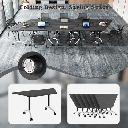 Conference Room Table, Foldable Flip Top Mobile Training Table with Wheels, 47.2 Inch Modern Rectangular Meeting Seminar Desk, Waterproof Metal Frame for Office, Classroom & Boardroom