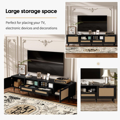 Merax TV Stand for TVs up to 85", 78 Inch Modern Media Console, Entertainment Center with Storage Drawers and Rattan Doors, Open Shelves, Solid Wood TV Cabinet Table for Living Room Furniture
