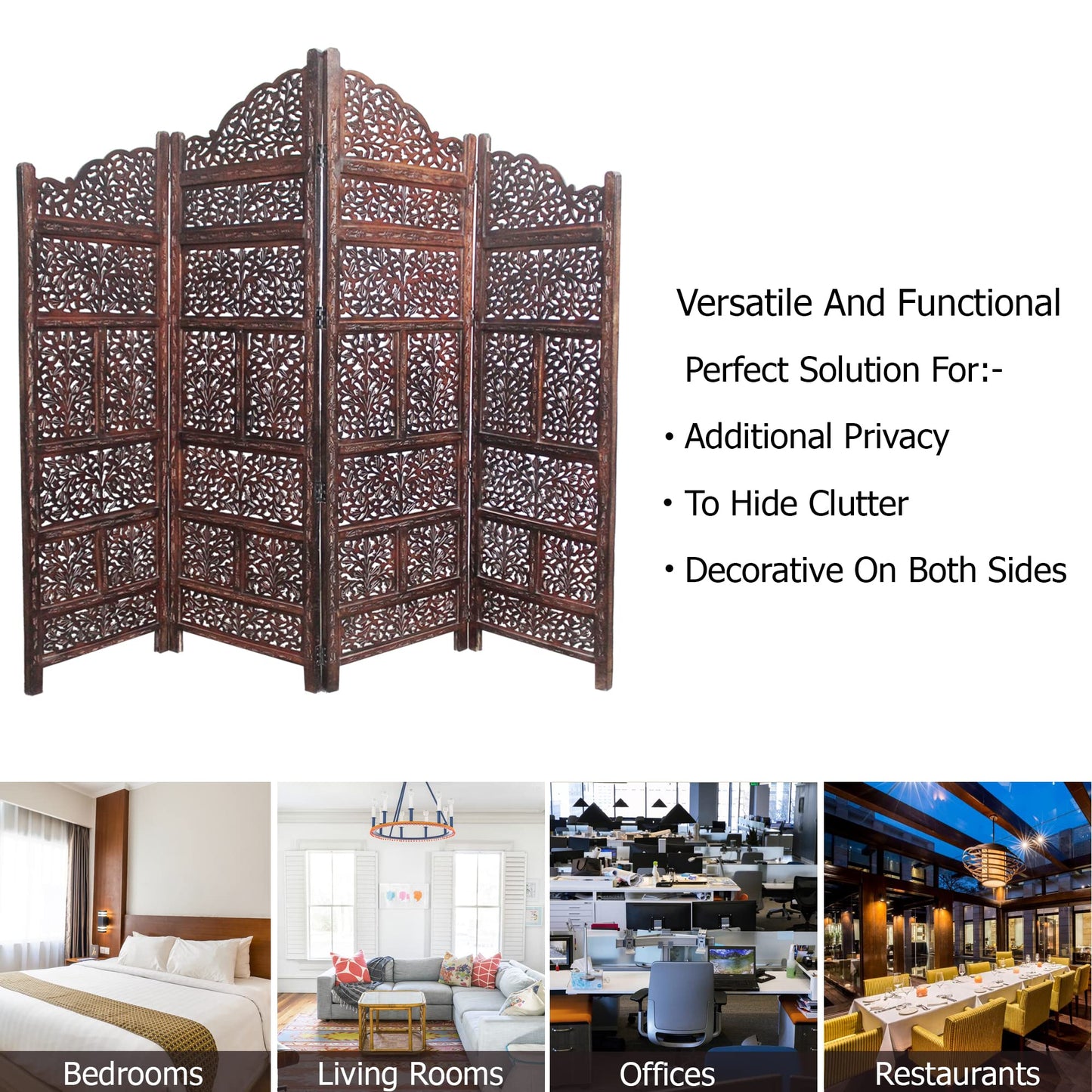 Room Divider Wood Screen - Mahanadi Antique Brown - 4 Panel Folding 72x80 - Wooden Hand Carved Screen Decorative Functional Versatile - Small Spaces Reversible Privacy Partition - COTTON CRAFT