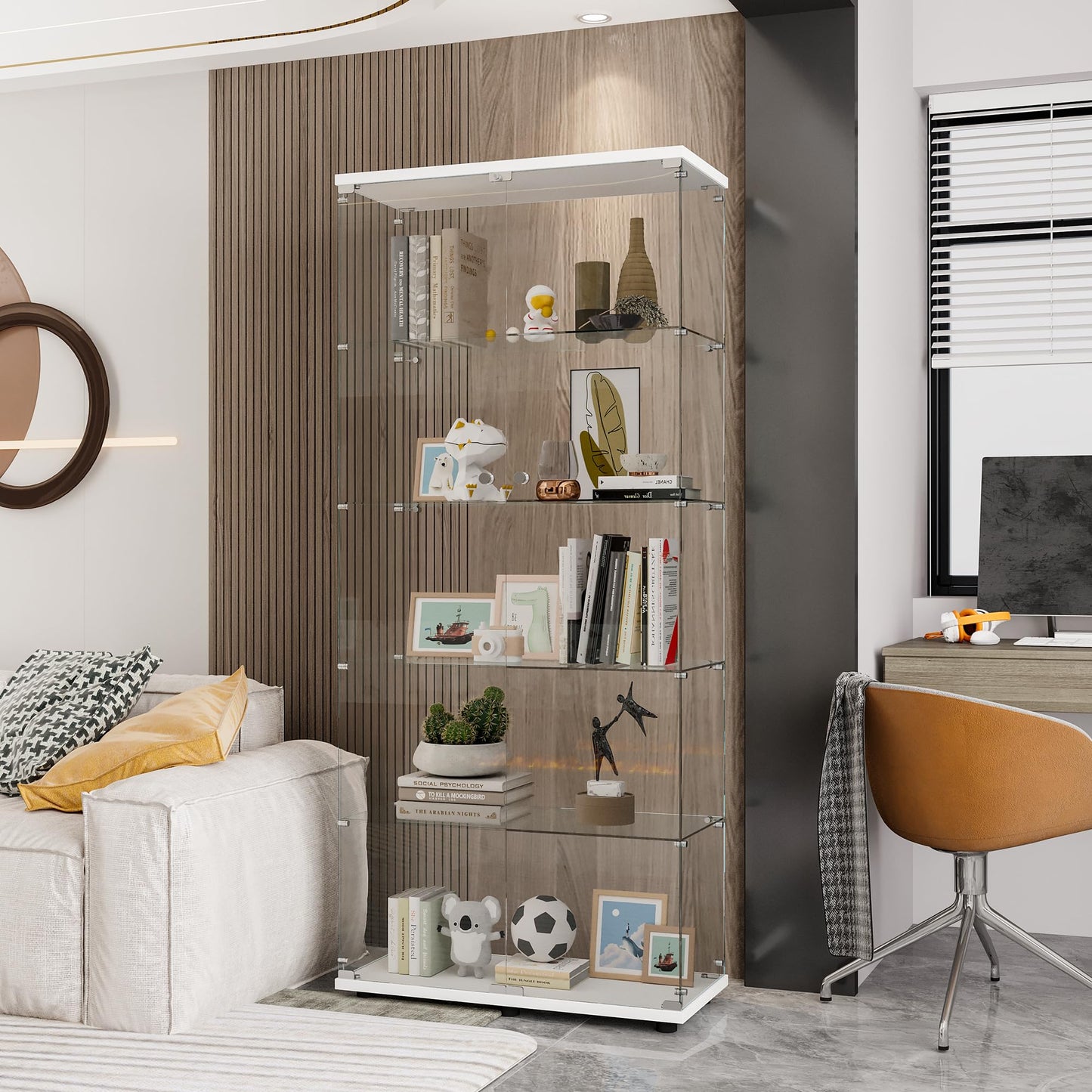 KTATK Glass Display Cabinet with 5 Shelves Double Door,Floor Standing Curio Bookshelf,Quick Installation,for Bedroom Living Room Office,White（73.82"x 31.69"x 14.37"）