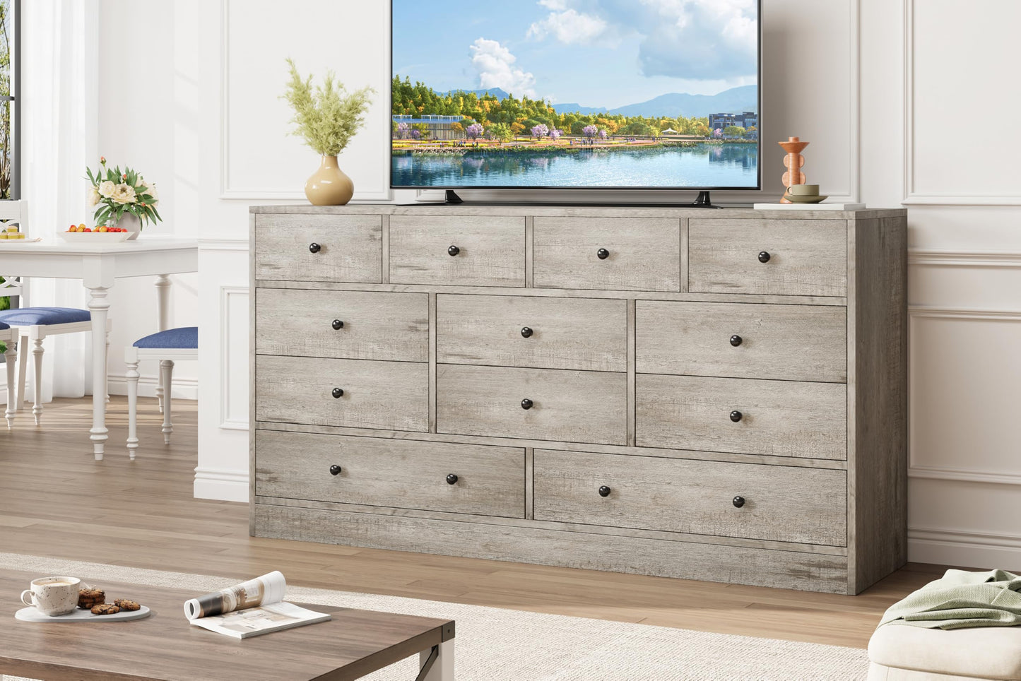 Hetoy 12 Drawer Wooden Dressers with Charging Station – Gray Wood Chest of Drawers for Bedroom, Closet, Living Room, 61" Wide TV Stand Dresser, Modern Storage Organizer for Nursery, Hallway