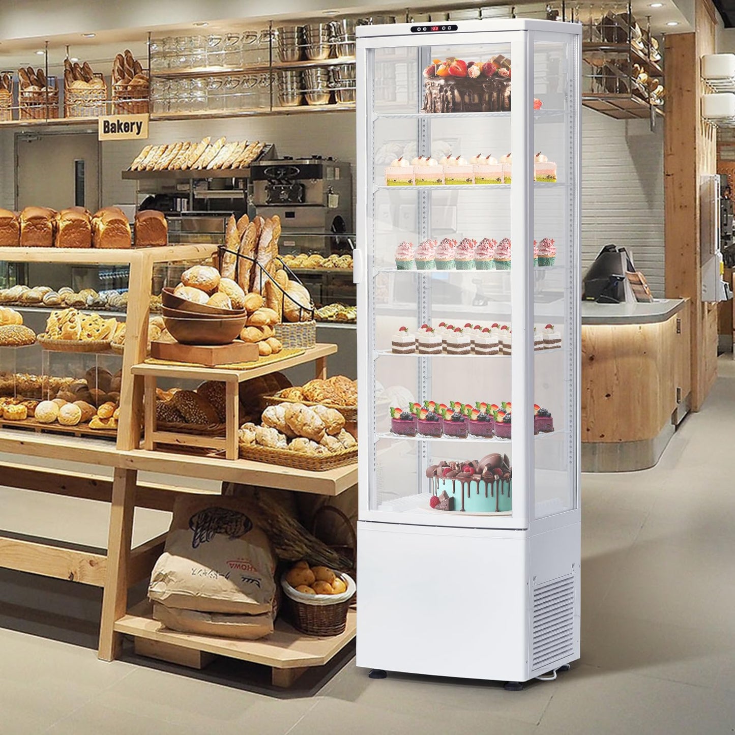 SierraSquad 9.8 Cu.ft Commercial Refrigerator Display Case, Pastry Display Fridge with 4-Sided Double-Layered Glass & LED Lighting, Ventilated Cooling Bakery Display Refrigerator with Casters
