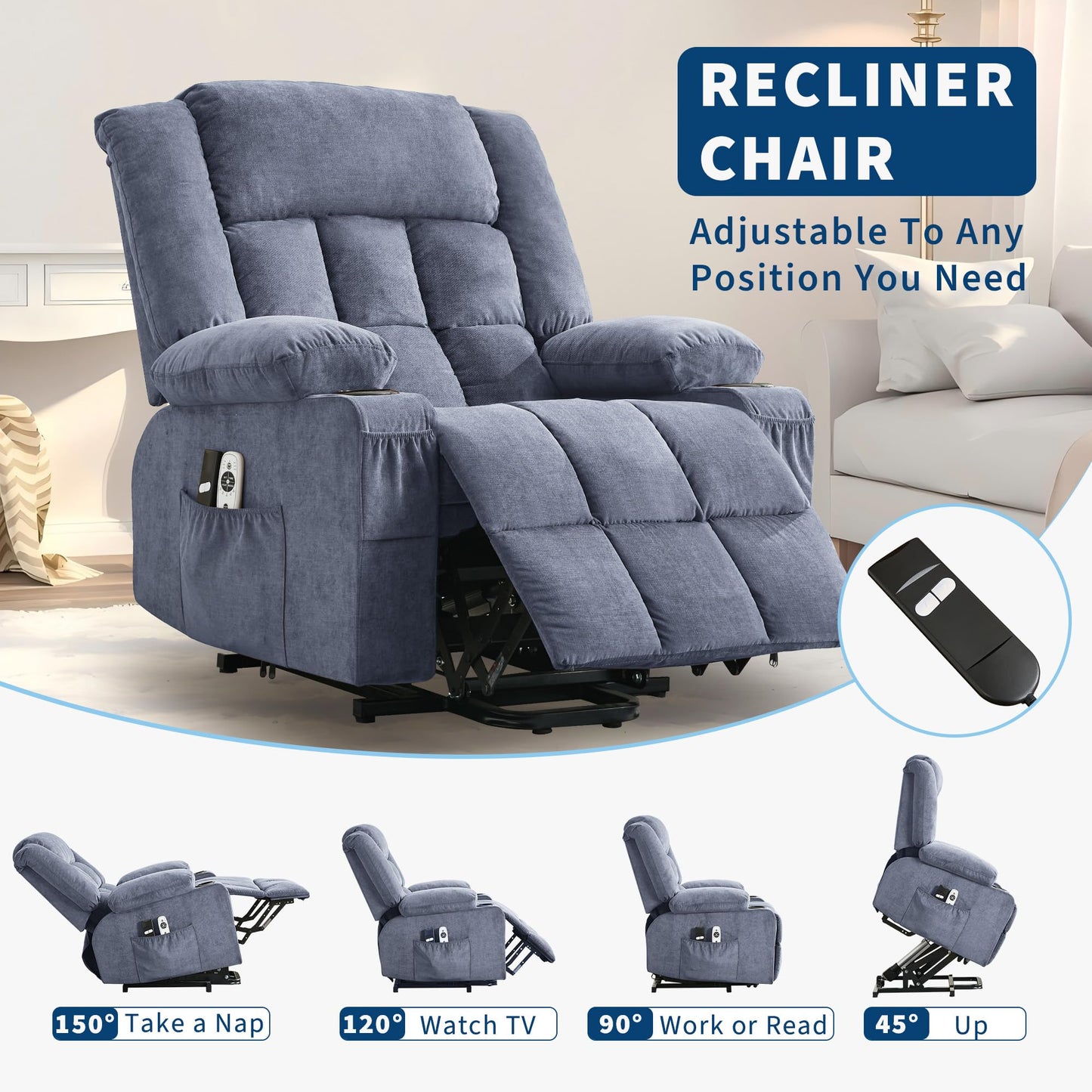 Garvee Power Lift Recliner Chair with Massage and Heat for Elderly Adults Lazy Boy Single Sofa Seat with 3 Positions 2 Side Pockets Cup Holders USB Ports Remote Control
