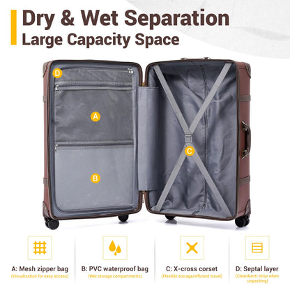 NZBZ Vintage Luggage Sets for Women, PU Leather Retro Suitcase, Vintage Trunk Luggage, Vintage Suitcase Set (Caramel Brown, 20", 24" & 28")